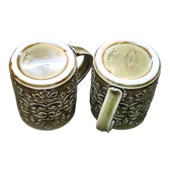 Retro 70s Olive Green Pottery Coffee Mug Raised Floral Leaves🍃 -Japan Set of 2 - Picture 4 of 7